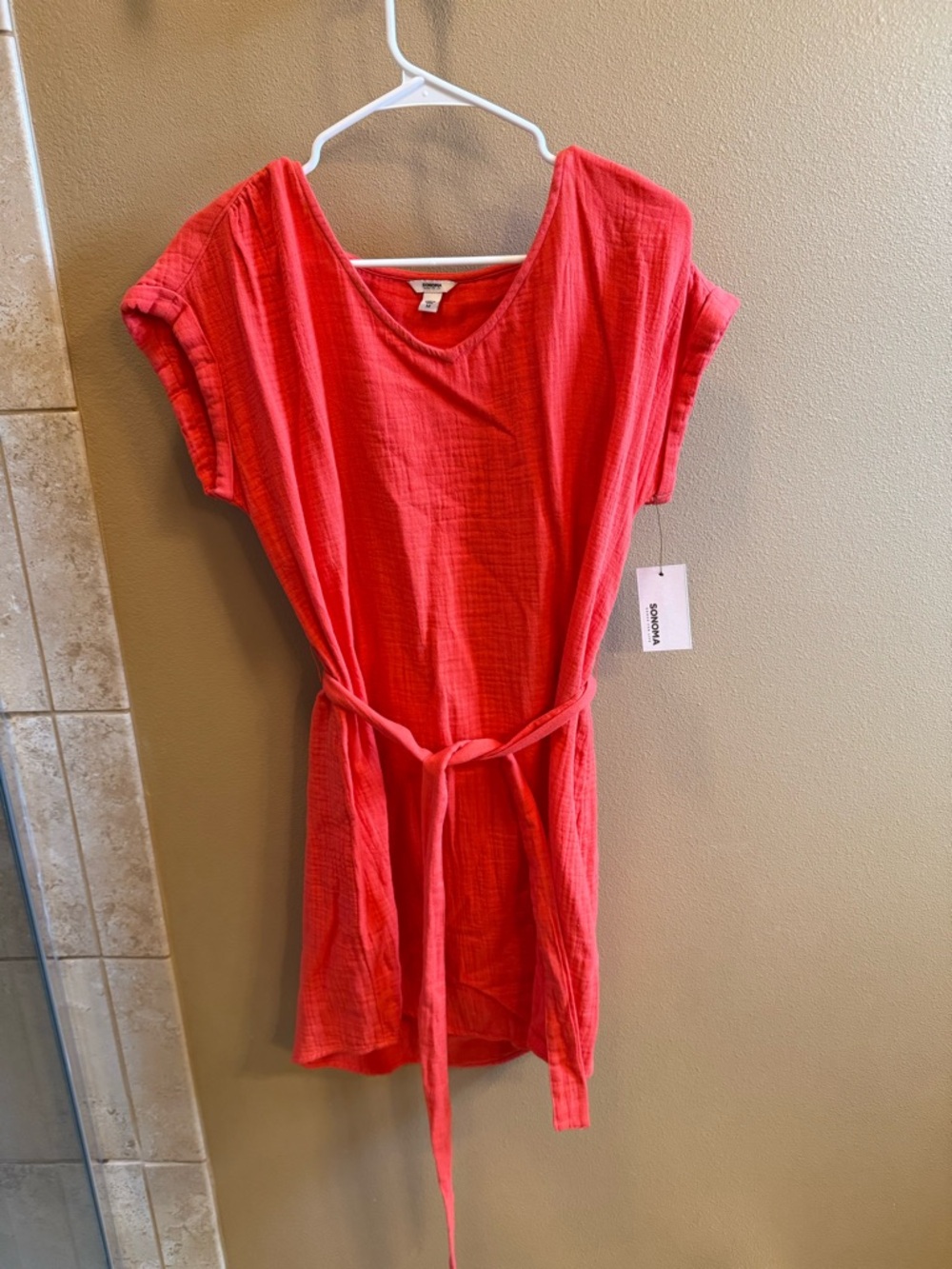 Sonoma Coral Red Belted Short Sleeve Dress